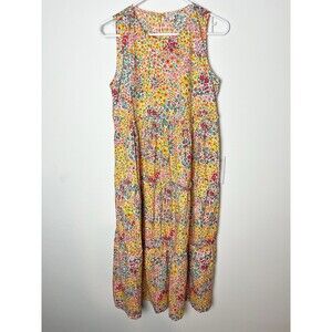 J. Crew Factory Yellow Floral Midi Dress with Pink & Green Accents